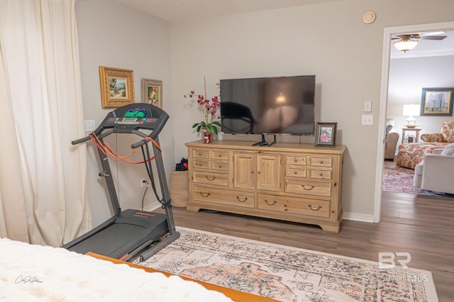 9362 Villas Dr, Foley, AL 36535 - exercise room with baseboards, ceiling fan, and wood finished floors