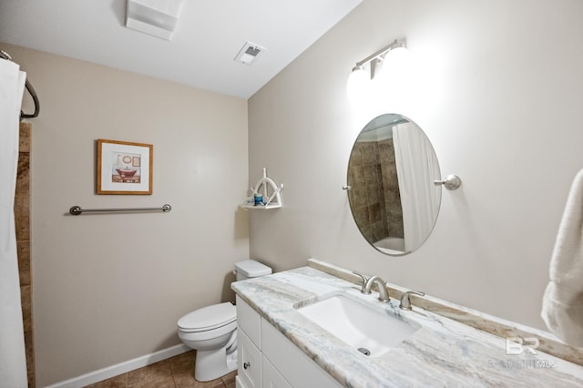 bathroom featuring baseboards, visible vents, toilet, tile patterned flooring, and vanity