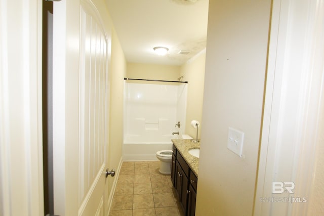 full bathroom featuring shower / tub combination, vanity, toilet, and tile patterned flooring