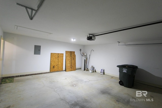 garage featuring a garage door opener, electric panel, and water heater