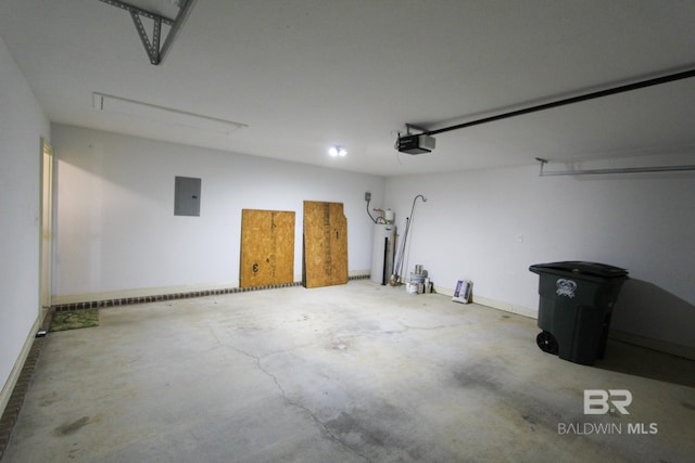 garage with a garage door opener, electric panel, and electric water heater