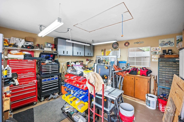 garage with a workshop area