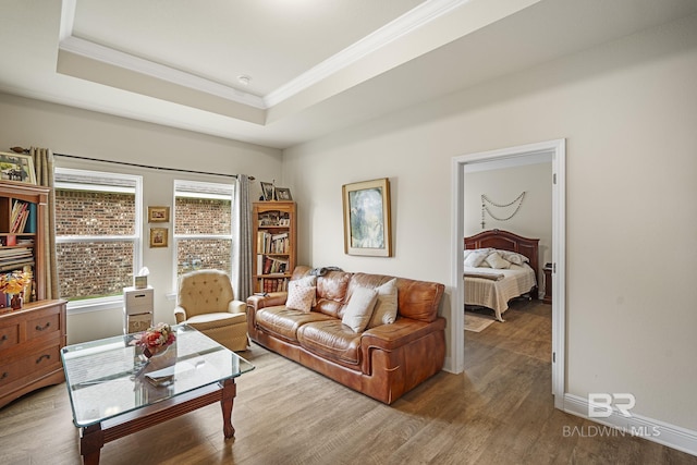 living room featuring crown molding, a tray ceiling, and hardwood / wood-style floors