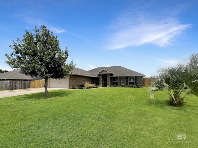 single story home with a garage and a front lawn