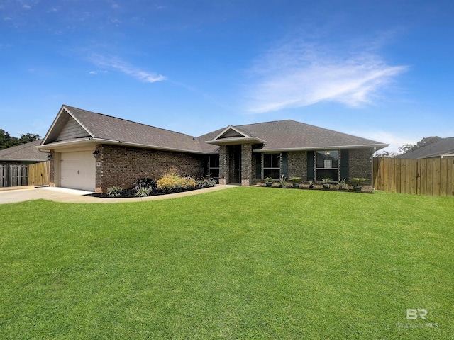 ranch-style home with a garage and a front yard