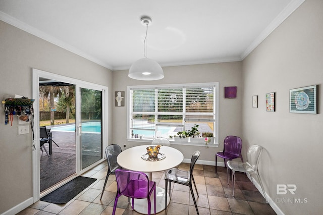 tiled dining space with crown molding