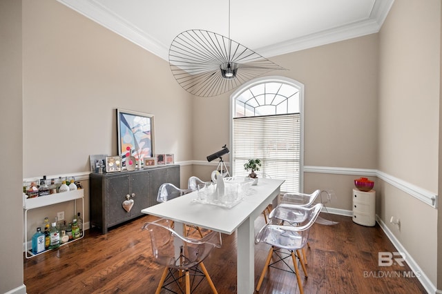 dining area featuring dark hardwood / wood-style floors and ornamental molding