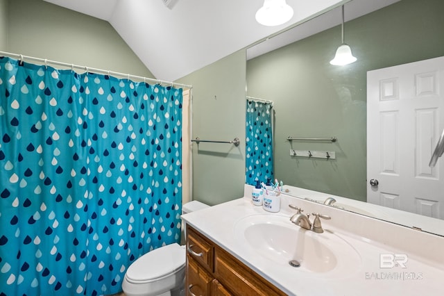 bathroom with toilet, vanity, vaulted ceiling, and walk in shower