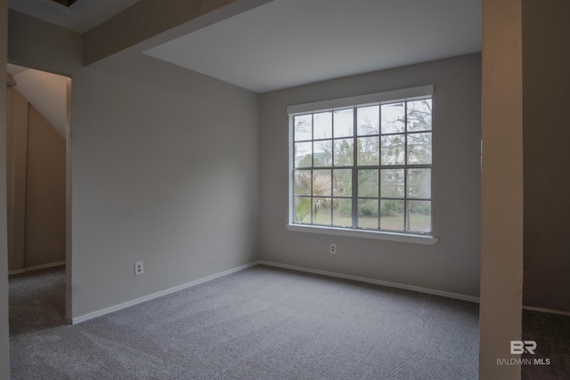 carpeted empty room with beam ceiling and a healthy amount of sunlight