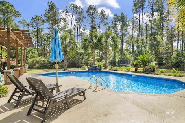 view of swimming pool featuring pool water feature, a trampoline, a patio area, and a pergola