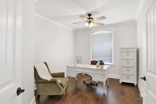 home office featuring crown molding, dark hardwood / wood-style floors, and ceiling fan