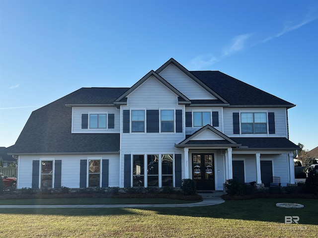 view of front of property with a front lawn and french doors