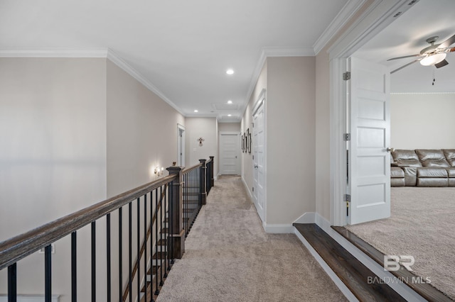 hall featuring light carpet and crown molding