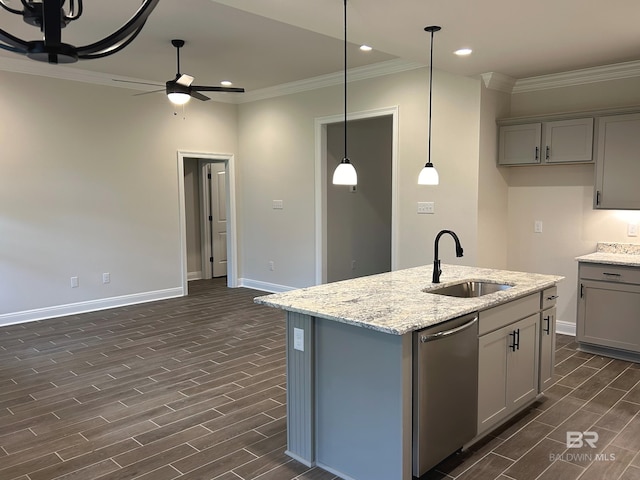 kitchen featuring sink, gray cabinetry, light stone counters, a center island with sink, and stainless steel dishwasher