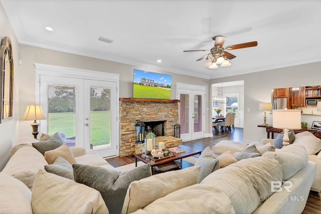 26506 Big Grant Way, Robertsdale, AL 36567 - living area with french doors, ornamental molding, dark wood-style flooring, recessed lighting, and ceiling fan