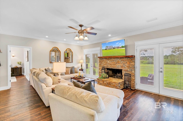 26506 Big Grant Way, Robertsdale, AL 36567 - living area with french doors, healthy amount of natural light, a ceiling fan, ornamental molding, and wood finished floors