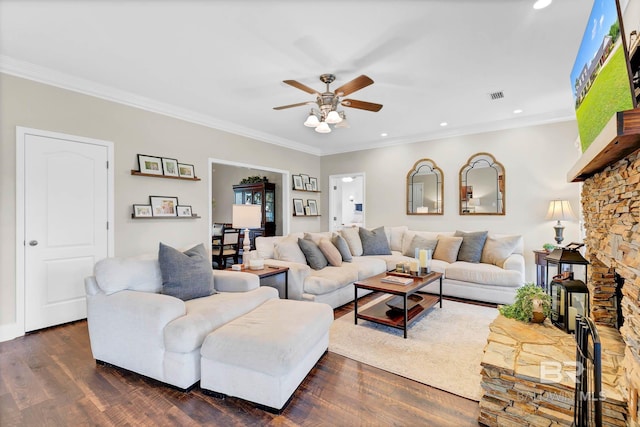 26506 Big Grant Way, Robertsdale, AL 36567 - living area with ceiling fan, ornamental molding, a stone fireplace, dark wood-style flooring, and recessed lighting