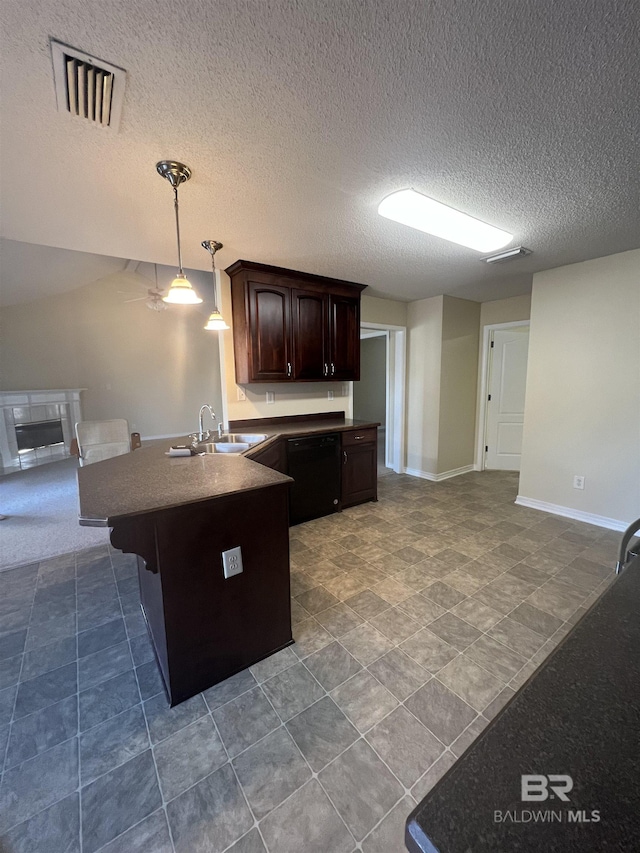 kitchen with sink, dishwasher, hanging light fixtures, dark brown cabinets, and a textured ceiling