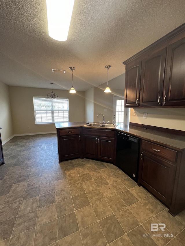 kitchen with dark brown cabinetry, sink, black dishwasher, kitchen peninsula, and pendant lighting