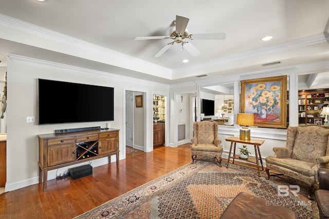 402 Potters Mill Ave, Daphne, AL 36526 - sitting room with wood finished floors, a ceiling fan, ornamental molding, baseboards, and recessed lighting