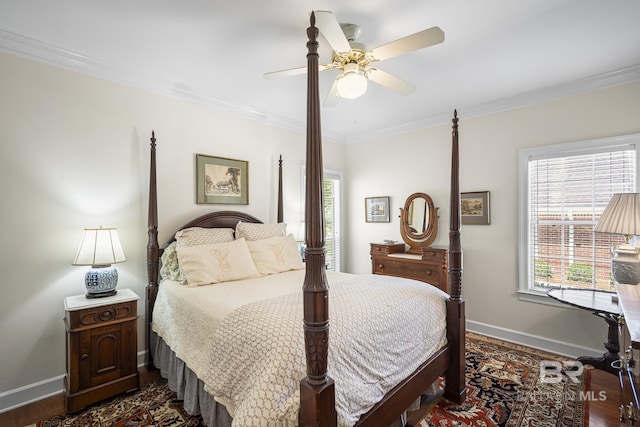 402 Potters Mill Ave, Daphne, AL 36526 - bedroom featuring dark wood-style floors, ornamental molding, baseboards, and a ceiling fan