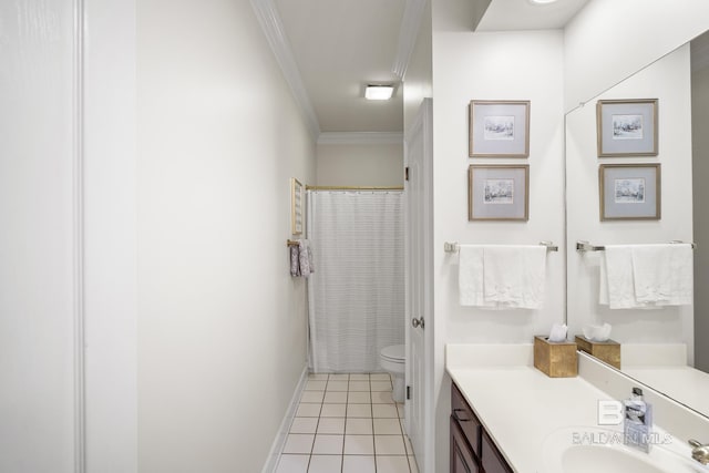 402 Potters Mill Ave, Daphne, AL 36526 - full bath featuring ornamental molding, toilet, vanity, tile patterned floors, and curtained shower