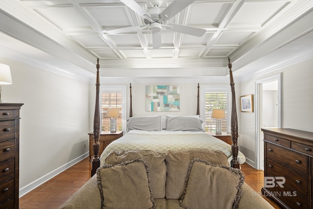402 Potters Mill Ave, Daphne, AL 36526 - bedroom featuring baseboards, coffered ceiling, wood finished floors, crown molding, and beamed ceiling