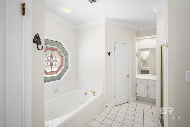 402 Potters Mill Ave, Daphne, AL 36526 - bathroom with tile patterned floors, a whirlpool tub, vanity, crown molding, and baseboards