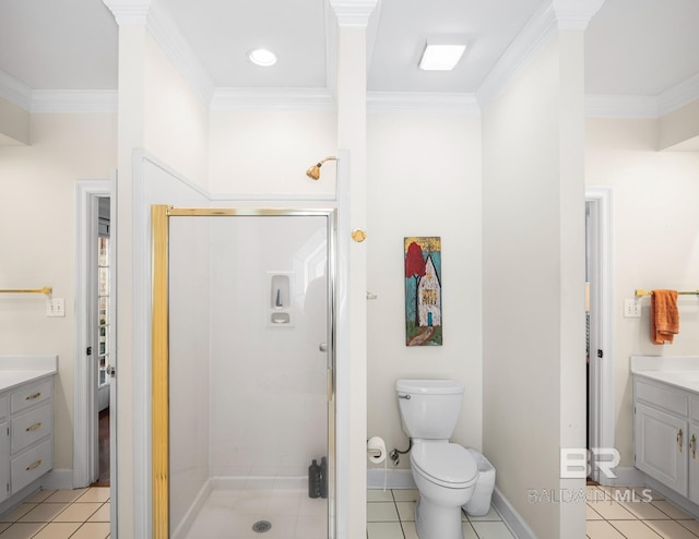 402 Potters Mill Ave, Daphne, AL 36526 - bathroom featuring vanity, a shower stall, crown molding, and tile patterned flooring