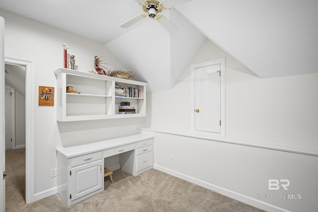 402 Potters Mill Ave, Daphne, AL 36526 - unfurnished office with light colored carpet, lofted ceiling, a ceiling fan, baseboards, and built in desk