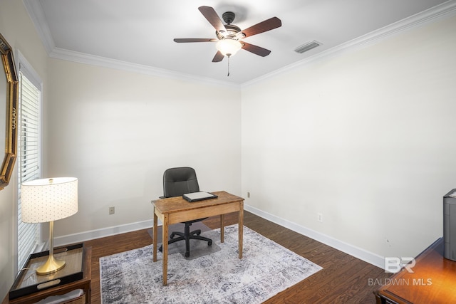 402 Potters Mill Ave, Daphne, AL 36526 - office featuring crown molding, a ceiling fan, baseboards, and dark wood-style flooring