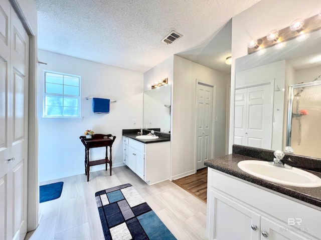 bathroom with hardwood / wood-style floors, vanity, an enclosed shower, and a textured ceiling