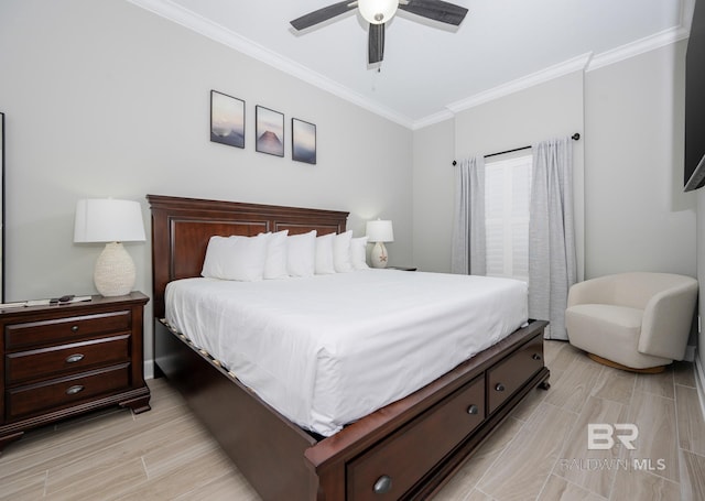 bedroom with crown molding, a ceiling fan, and light wood finished floors