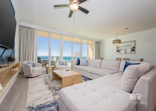 living area with ceiling fan, ornamental molding, and wood finished floors