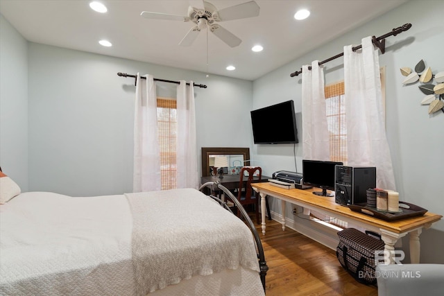 bedroom featuring recessed lighting, a ceiling fan, and wood finished floors