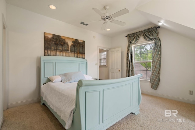bedroom with recessed lighting, visible vents, light carpet, and baseboards