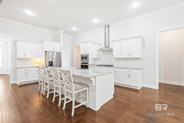 360 Nandina Loop, Fairhope, AL 36532 - kitchen with appliances with stainless steel finishes, wall chimney exhaust hood, backsplash, ornamental molding, and a breakfast bar