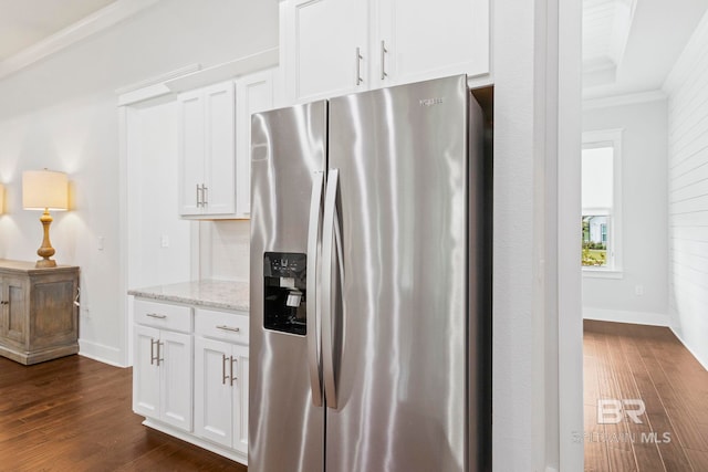 360 Nandina Loop, Fairhope, AL 36532 - kitchen with stainless steel refrigerator with ice dispenser, dark wood-type flooring, light stone countertops, white cabinetry, and crown molding