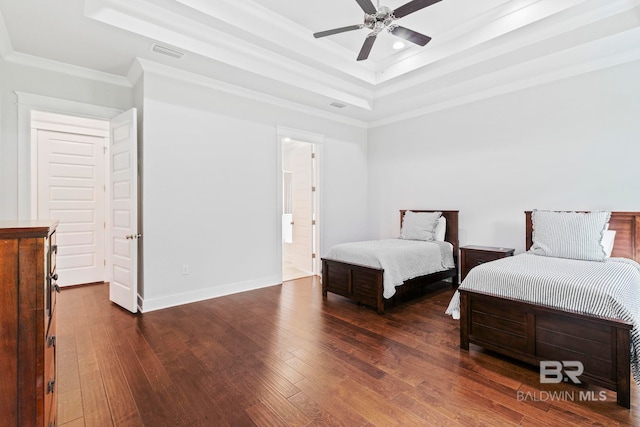 360 Nandina Loop, Fairhope, AL 36532 - bedroom with wood-type flooring, ornamental molding, a tray ceiling, baseboards, and a ceiling fan