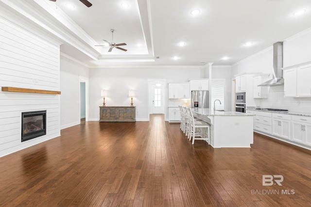 360 Nandina Loop, Fairhope, AL 36532 - kitchen with wall chimney exhaust hood, ceiling fan, stainless steel appliances, crown molding, and a sink