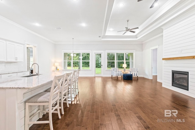 360 Nandina Loop, Fairhope, AL 36532 - kitchen with ornamental molding, a sink, ceiling fan, white cabinets, and dark wood finished floors