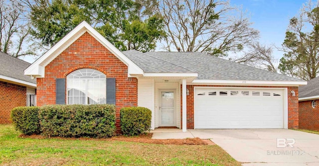 single story home featuring a garage and a front lawn