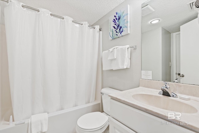 bathroom featuring a textured ceiling, toilet, visible vents, vanity, and shower / bathtub combination with curtain