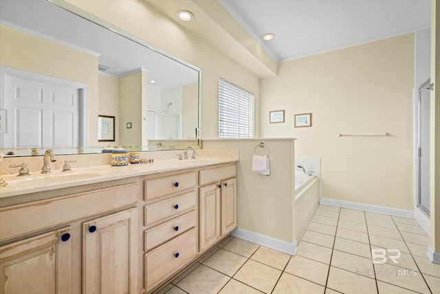 bathroom featuring double vanity, tile patterned flooring, a sink, and crown molding