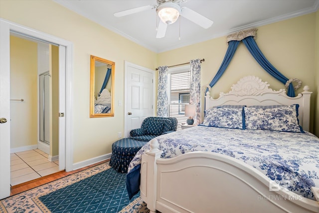 bedroom with ornamental molding, ceiling fan, baseboards, and wood finished floors