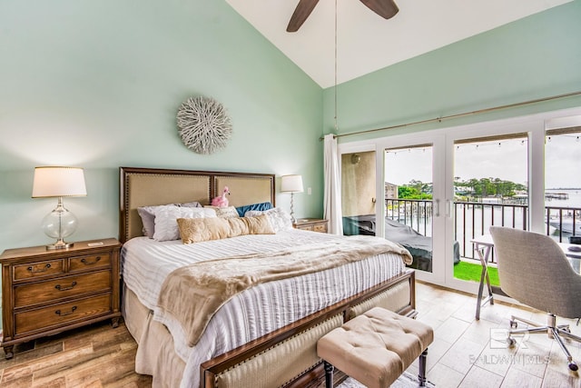 bedroom featuring wood-type flooring, high vaulted ceiling, ceiling fan, and access to exterior