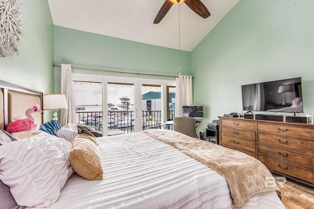 bedroom featuring high vaulted ceiling, wood-type flooring, ceiling fan, and access to outside