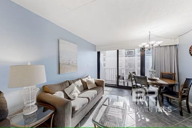 tiled living room featuring a notable chandelier