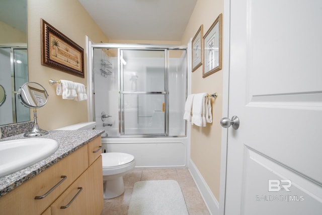 full bathroom with combined bath / shower with glass door, vanity, toilet, and tile floors