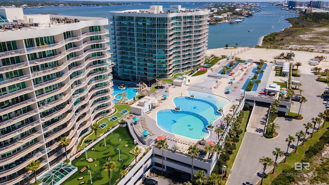 birds eye view of property featuring a water view